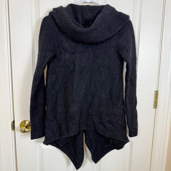 Margaret O’Leary Black Hooded Cardigan Sweater Open Front Draped Hem Pockets - Picture 2 of 4